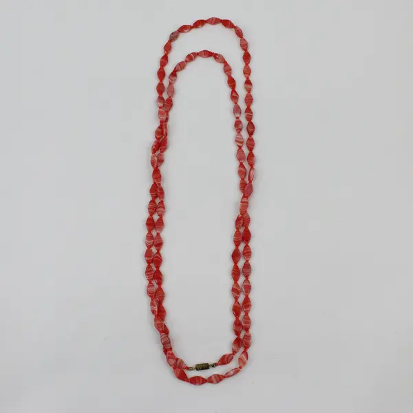 Orange and White Striped Glass Beaded Necklace 54"