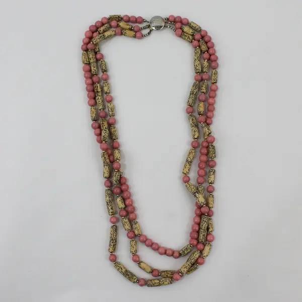 Vintage Pink and Speckled Beige Multi-Strand Necklace 27"