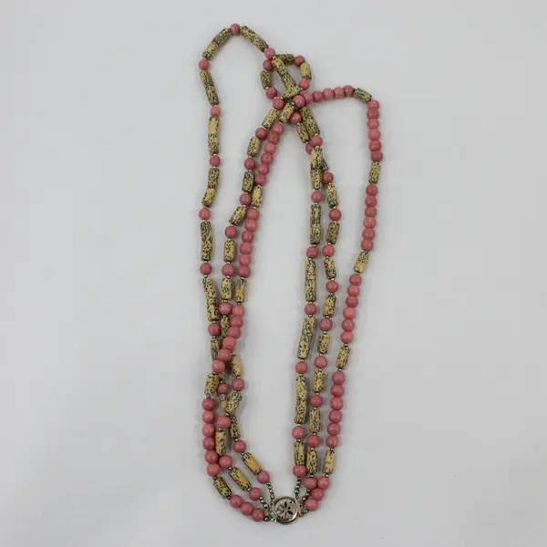 Vintage Pink and Speckled Beige Multi-Strand Necklace 27"