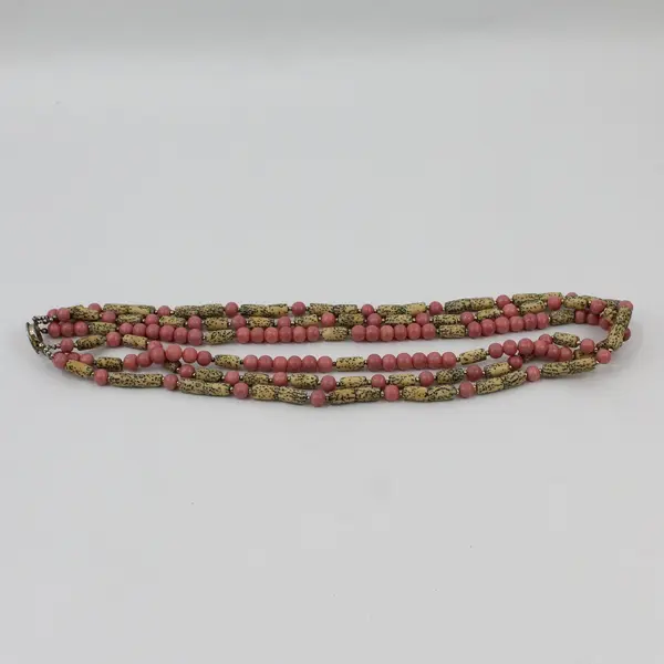 Vintage Pink and Speckled Beige Multi-Strand Necklace 27"