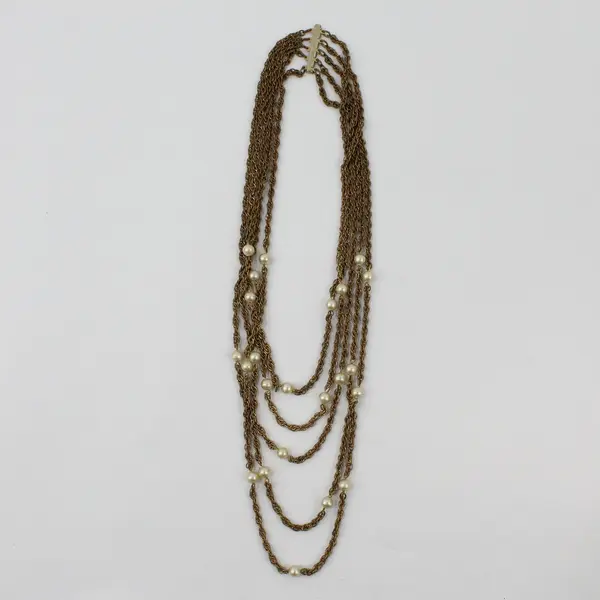 Vintage Multi-Strand Faux Pearl Gold-Tone Chain Station Necklace 17"
