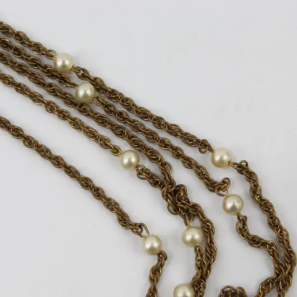 Vintage Multi-Strand Faux Pearl Gold-Tone Chain Station Necklace 17"