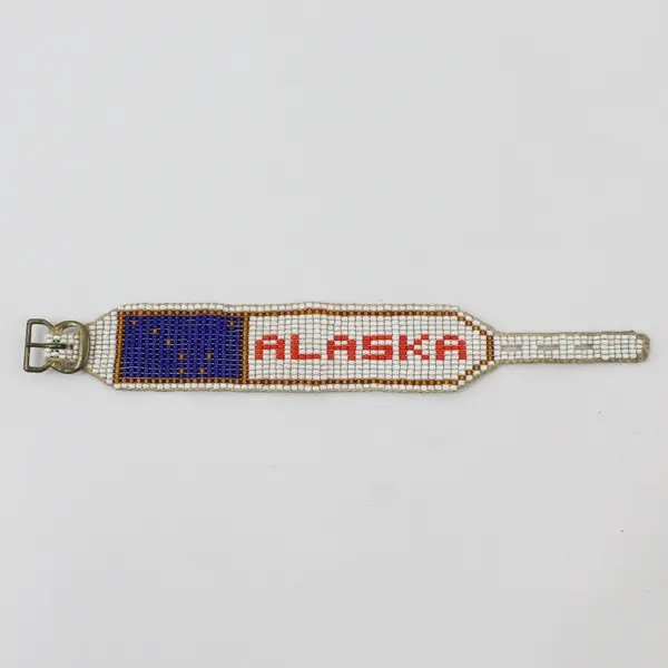 Vintage Handmade Beaded Alaska State Flag Buckle Bracelet 7"