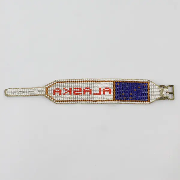 Vintage Handmade Beaded Alaska State Flag Buckle Bracelet 7"