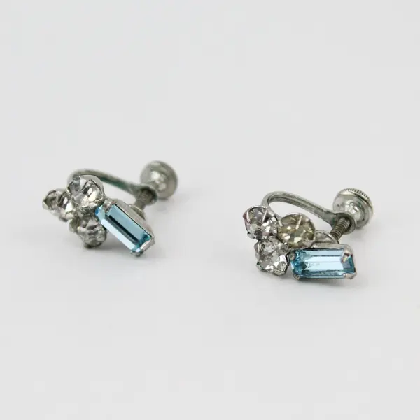Vintage Clear and Blue Rhinestone Silver-Tone Screw-Back Earrings