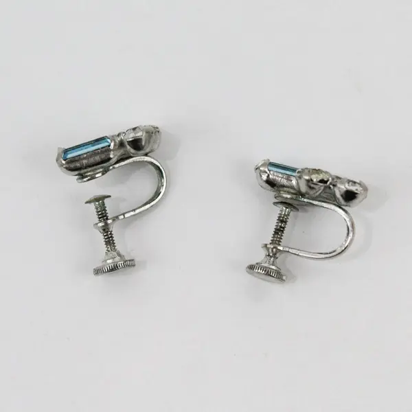 Vintage Clear and Blue Rhinestone Silver-Tone Screw-Back Earrings