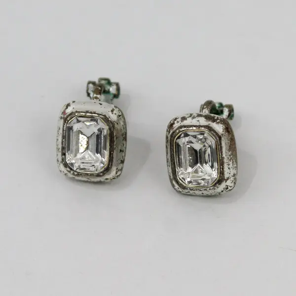 Vintage Clear Rhinestone Rectangular Silver-Tone Clip-On Earrings