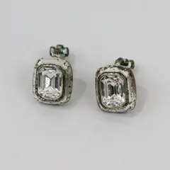 Vintage Clear Rhinestone Rectangular Silver-Tone Clip-On Earrings