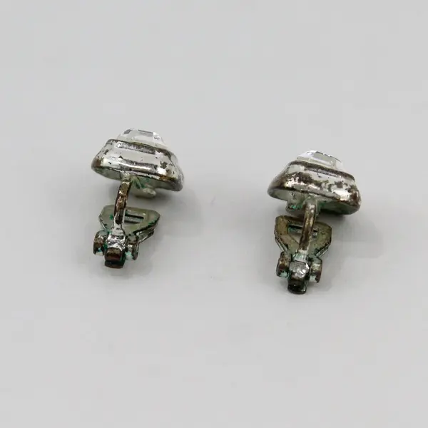 Vintage Clear Rhinestone Rectangular Silver-Tone Clip-On Earrings