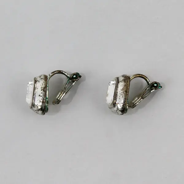 Vintage Clear Rhinestone Rectangular Silver-Tone Clip-On Earrings