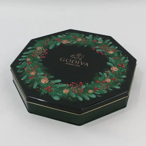 Godiva Green Gold Wreath Holly Berry Metal Christmas Holiday Tin  Container