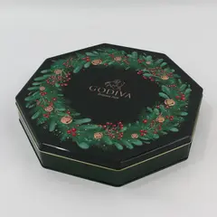 Godiva Green Gold Wreath Holly Berry Metal Christmas Holiday Tin  Container