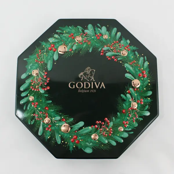 Godiva Green Gold Wreath Holly Berry Metal Christmas Holiday Tin  Container