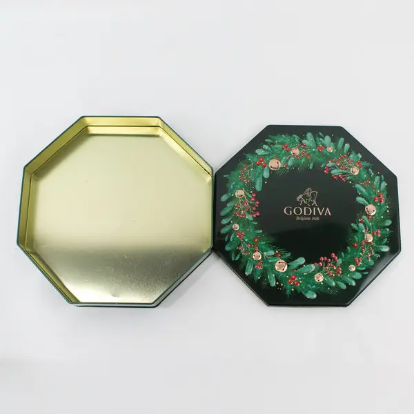 Godiva Green Gold Wreath Holly Berry Metal Christmas Holiday Tin  Container