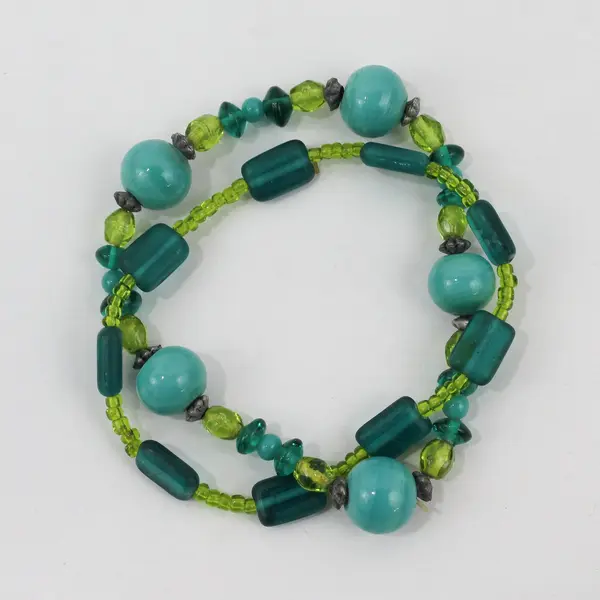 Set of 2 Linked Blue and Green Glass Beaded Bracelets