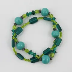 Set of 2 Linked Blue and Green Glass Beaded Bracelets