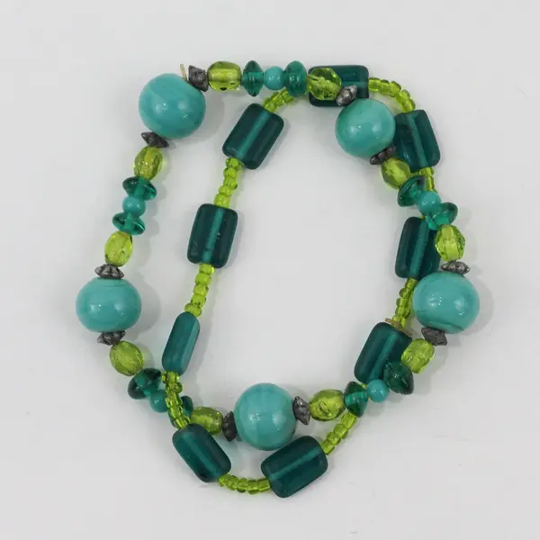 Set of 2 Linked Blue and Green Glass Beaded Bracelets