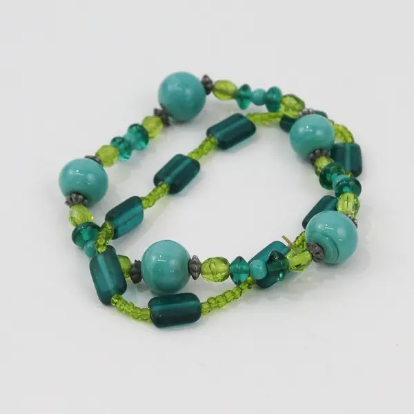 Set of 2 Linked Blue and Green Glass Beaded Bracelets