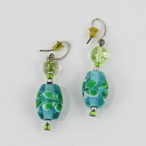 Green and Blue Art Glass Beaded Dangle Drop Earrings