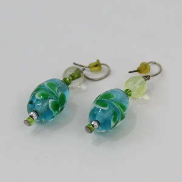 Green and Blue Art Glass Beaded Dangle Drop Earrings