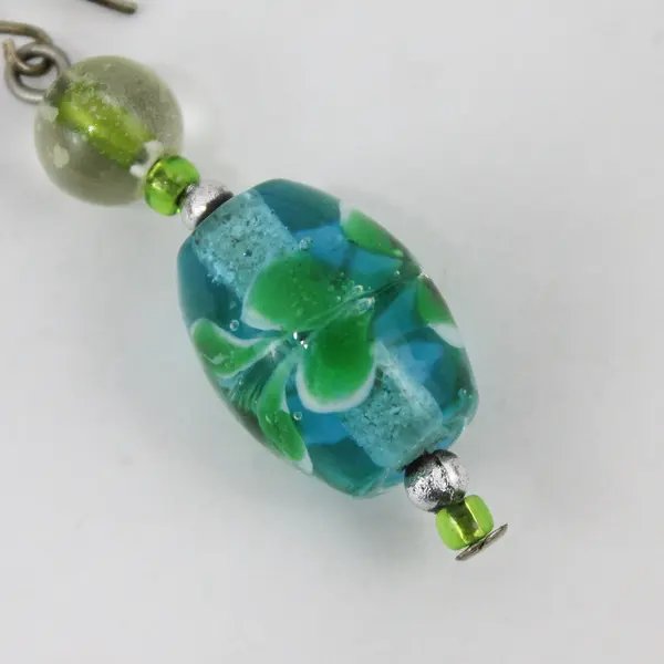 Green and Blue Art Glass Beaded Dangle Drop Earrings