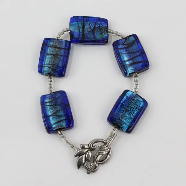 Vintage Blue Art Glass Silver-Tone Bracelet 8.5"