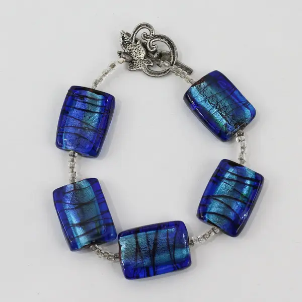 Vintage Blue Art Glass Silver-Tone Bracelet 8.5"
