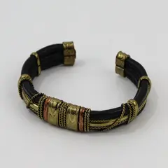 Vintage Mixed Metal and Black Leather Boho Cuff Bracelet
