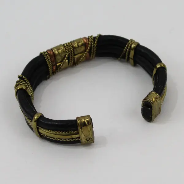 Vintage Mixed Metal and Black Leather Boho Cuff Bracelet