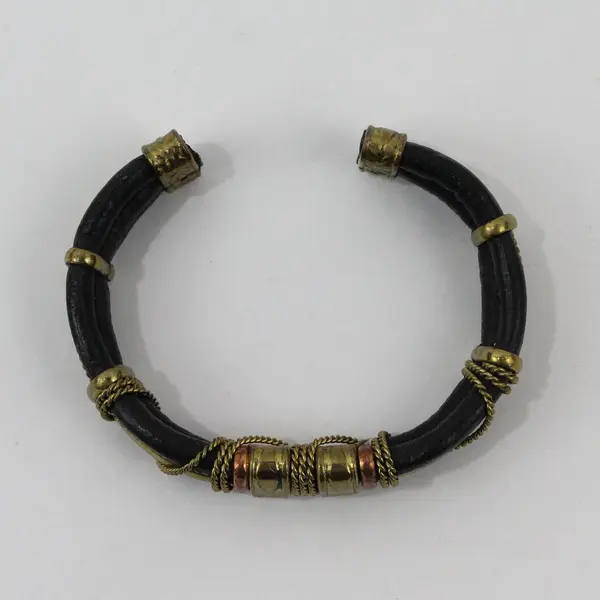 Vintage Mixed Metal and Black Leather Boho Cuff Bracelet