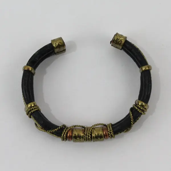 Vintage Mixed Metal and Black Leather Boho Cuff Bracelet