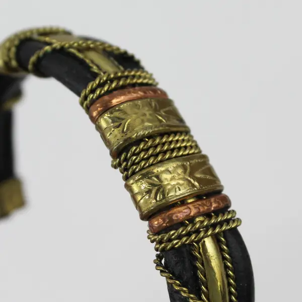 Vintage Mixed Metal and Black Leather Boho Cuff Bracelet