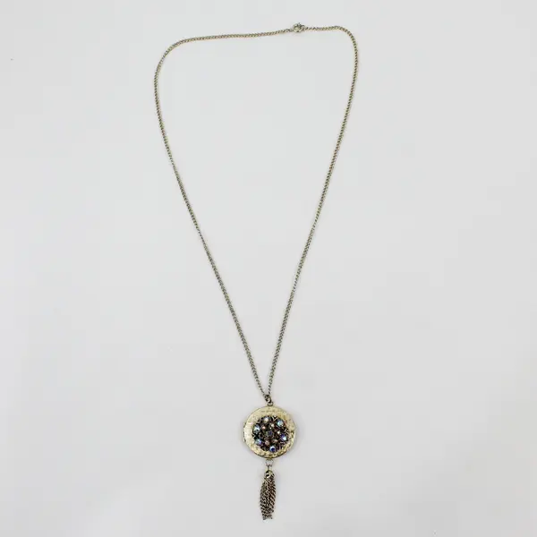 Vintage Aurora Borealis Rhinestones Gold-Tone Round Locket Necklace 24"