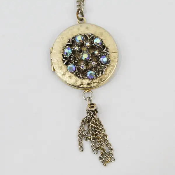 Vintage Aurora Borealis Rhinestones Gold-Tone Round Locket Necklace 24"