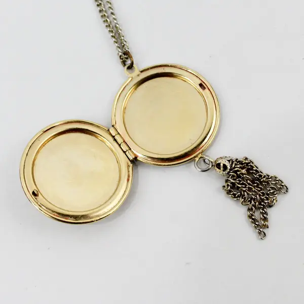 Vintage Aurora Borealis Rhinestones Gold-Tone Round Locket Necklace 24"