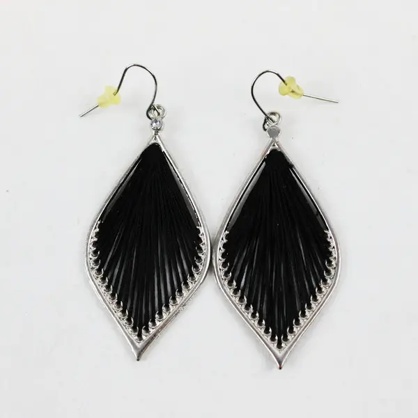 Black Threaded Silver-Tone Teardrop Dangle Earrings