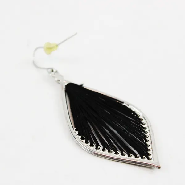 Black Threaded Silver-Tone Teardrop Dangle Earrings
