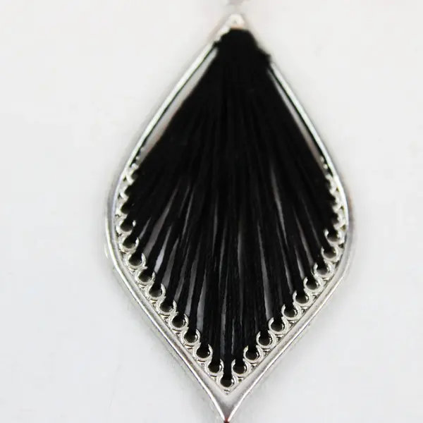 Black Threaded Silver-Tone Teardrop Dangle Earrings