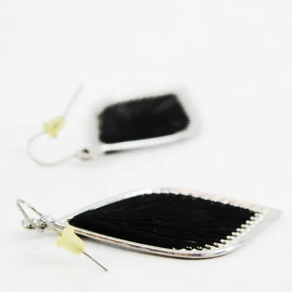 Black Threaded Silver-Tone Teardrop Dangle Earrings