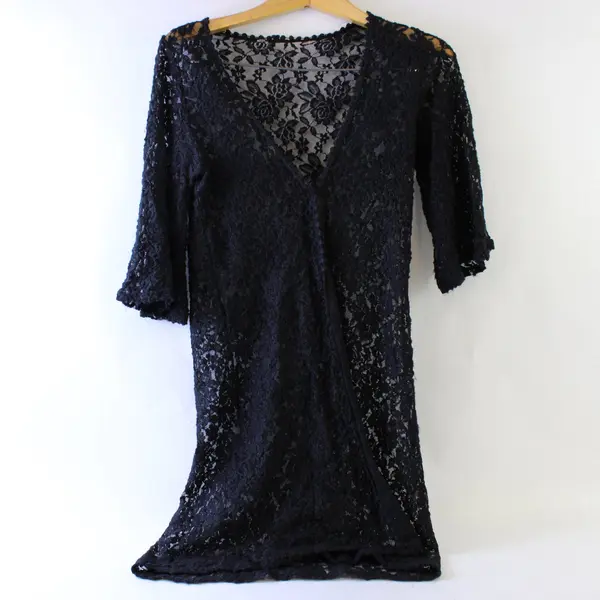 New Directions Black Lace Open Front 3/4 Sleeve Cardigan