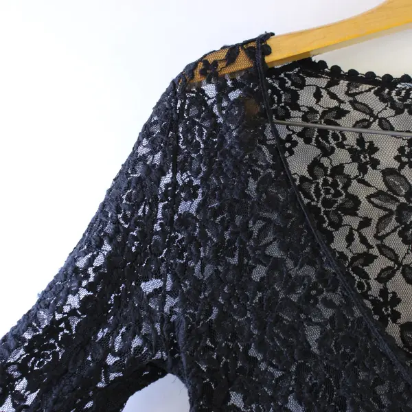 New Directions Black Lace Open Front 3/4 Sleeve Cardigan