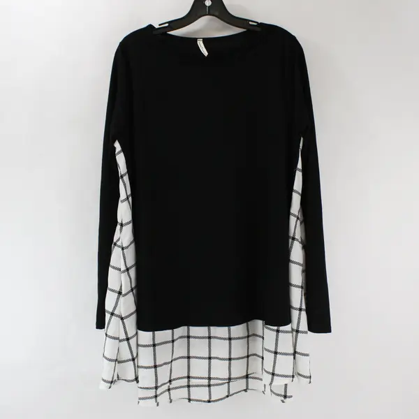 Beeson River Plus Size Black Long Sleeve Sweater Dress w/ Black and White Plaid