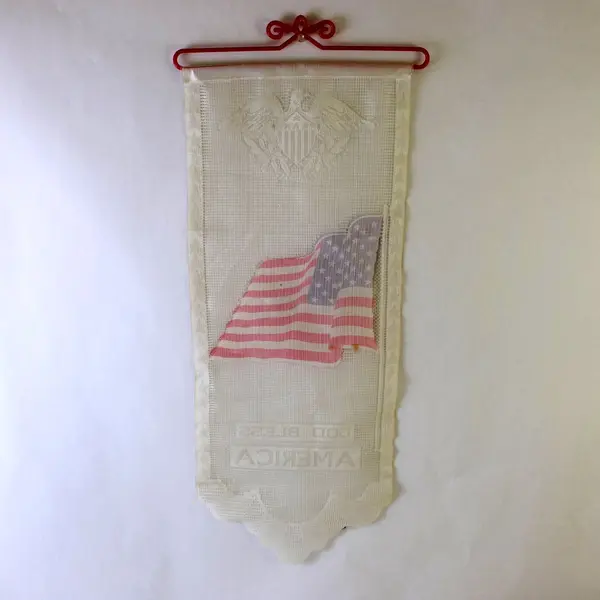 Vtg Lace Wall Hanging Patriotic God Bless America Red Hanger 28"