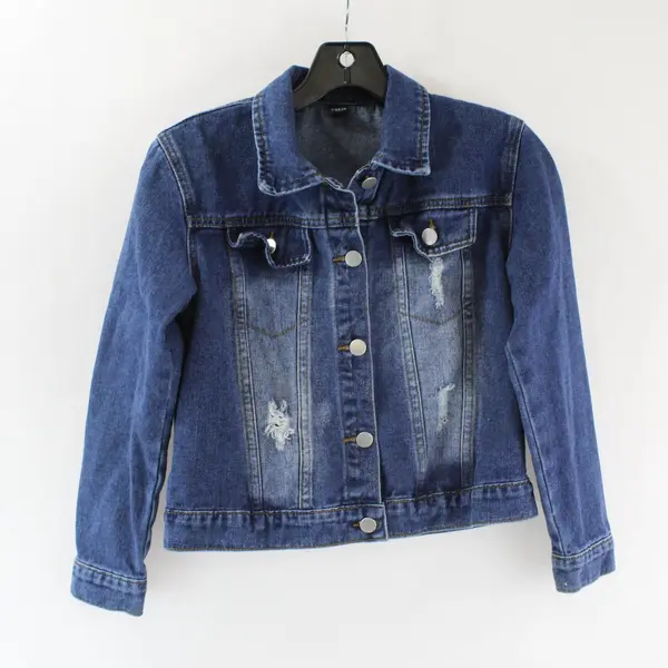 Shein Jacket Girls Blue Jean Denim Distressed Button Up Youth Kid 10Y