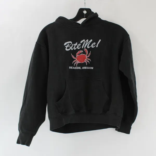 Unisex Youth Seaside Oregon Black Pullover Hoodie "Bite Me!" Small/Medium 