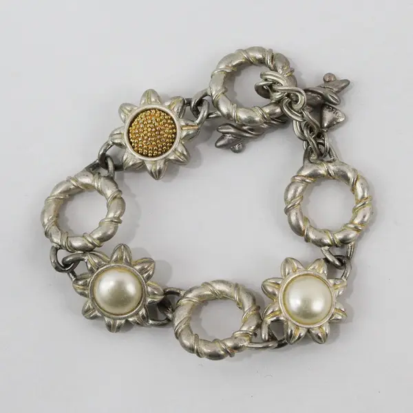 Liz Claiborne Faux Pearl Two-Tone Metal Sunflower Bracelet 7.5"