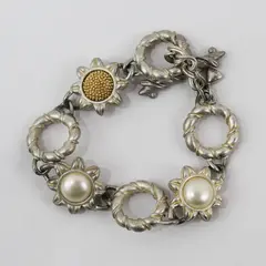 Liz Claiborne Faux Pearl Two-Tone Metal Sunflower Bracelet 7.5"