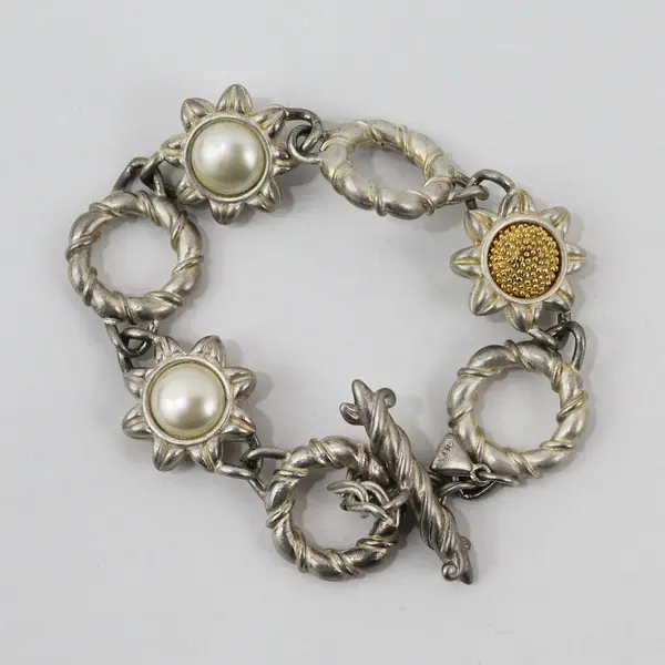 Liz Claiborne Faux Pearl Two-Tone Metal Sunflower Bracelet 7.5"