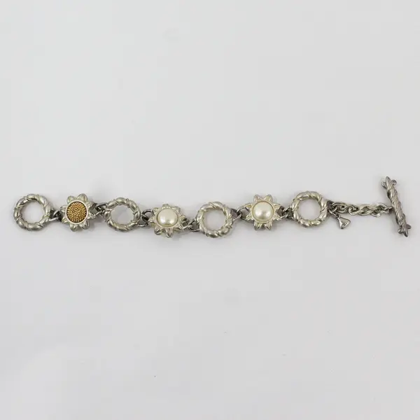 Liz Claiborne Faux Pearl Two-Tone Metal Sunflower Bracelet 7.5"