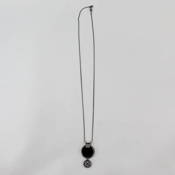 Chico's Clear Rhinestone Black Enamel Pendant Necklace 30"